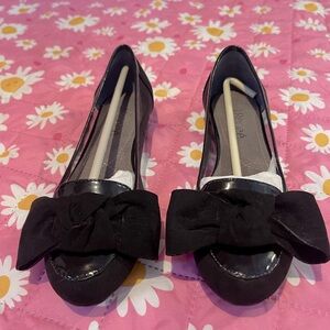 J. Renee Black Suede/Patent Bow Flats